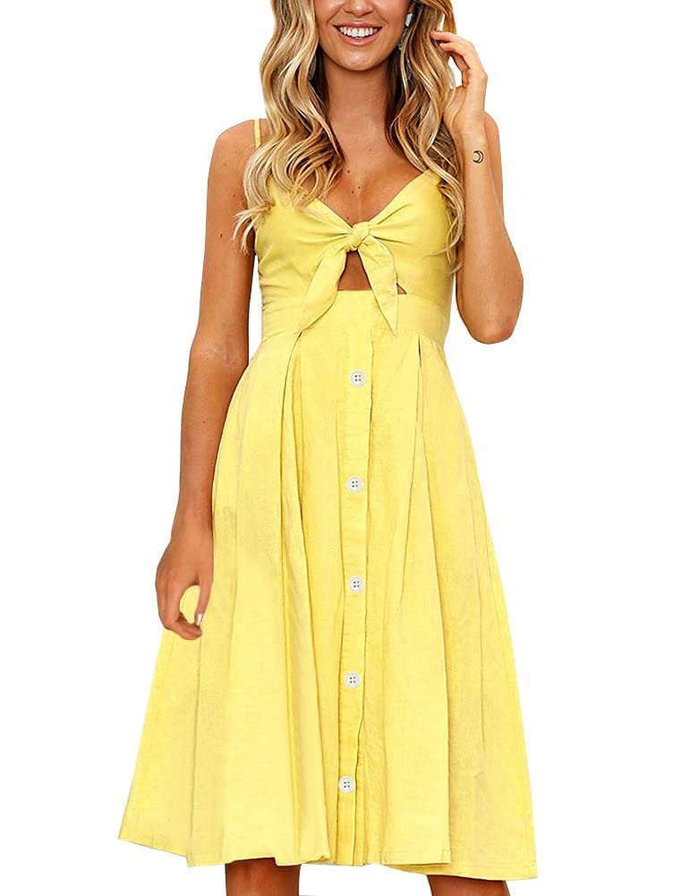 FANCYINN Womens Summer Dresses Yellow Tie Front Button Down Spaghetti Strap Midi Dress Yellow M - Image 1